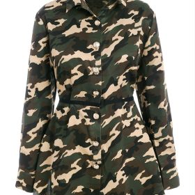 Plus Size Camo Print Button Front High Low Coat; Women's Plus Casual Fashion Outerwear (Color: Army Green, size: 2XL(16))